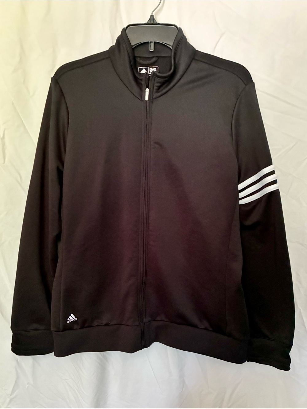 adidas Womans Black Full‑Zip Performance Jacket with White Sleeve Stripes
